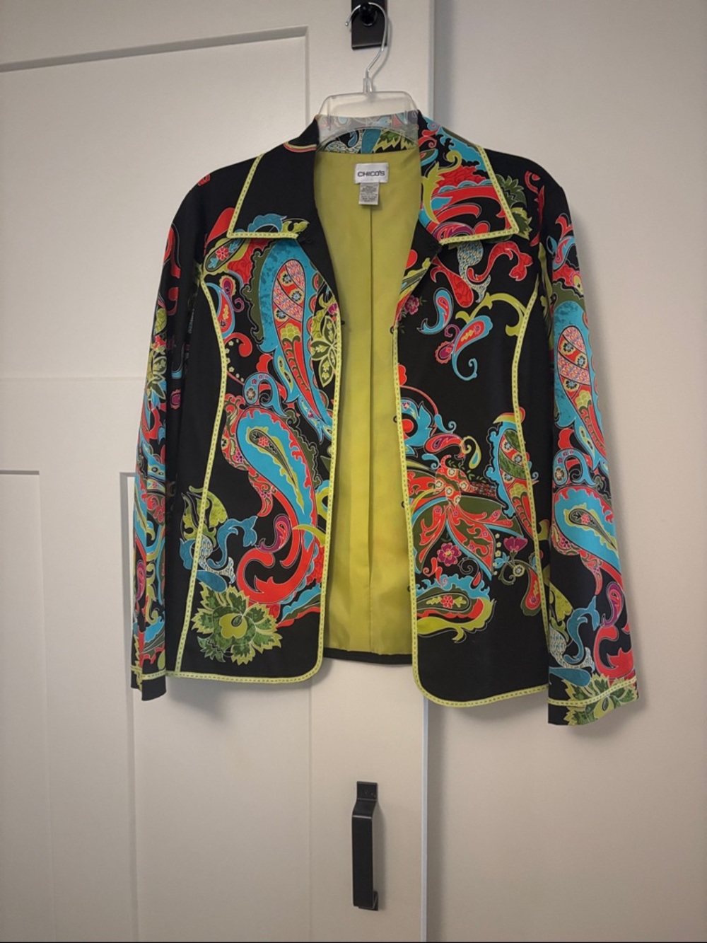 Chico's Black Paisley Open Jacket with Turquoise, Red & Lime Accents